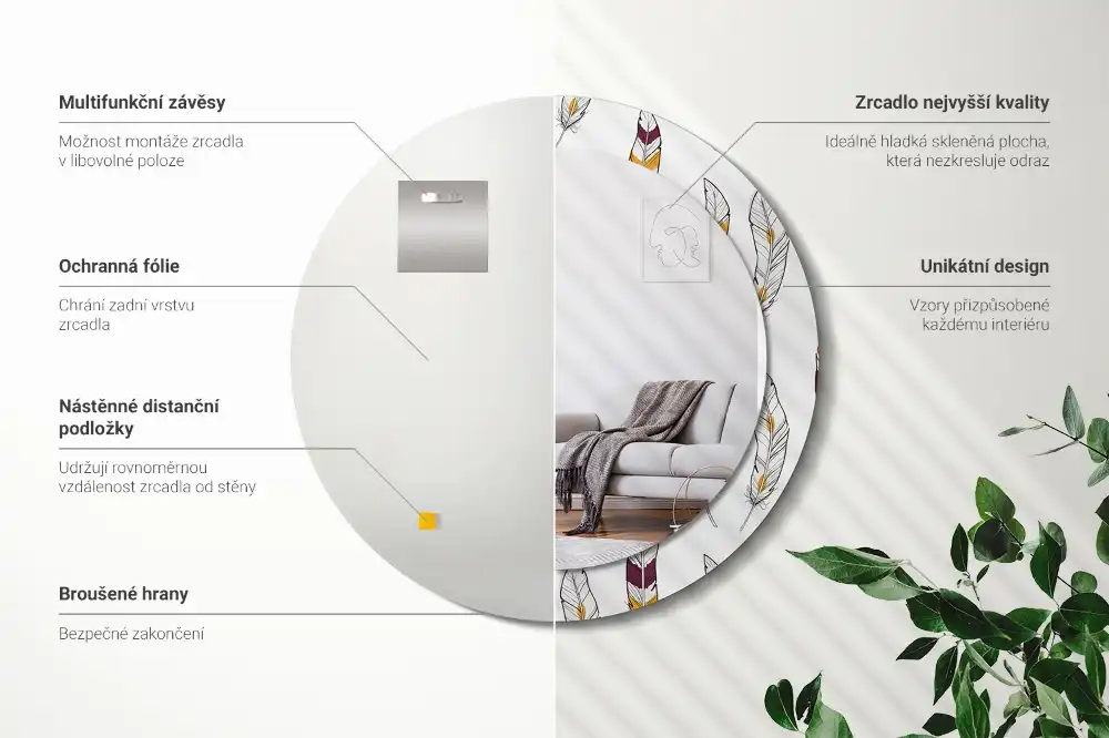 Miroir rond avec décoration plumes