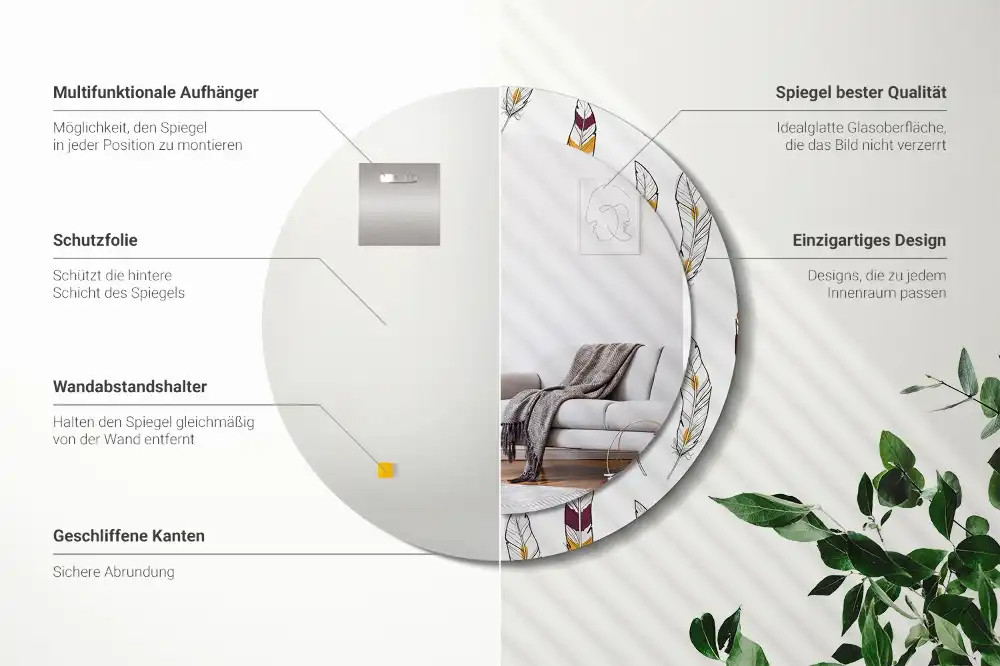 Miroir rond avec décoration plumes