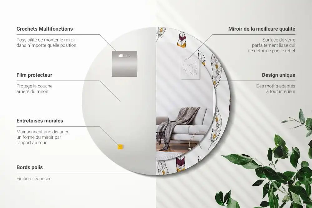 Miroir rond avec décoration plumes