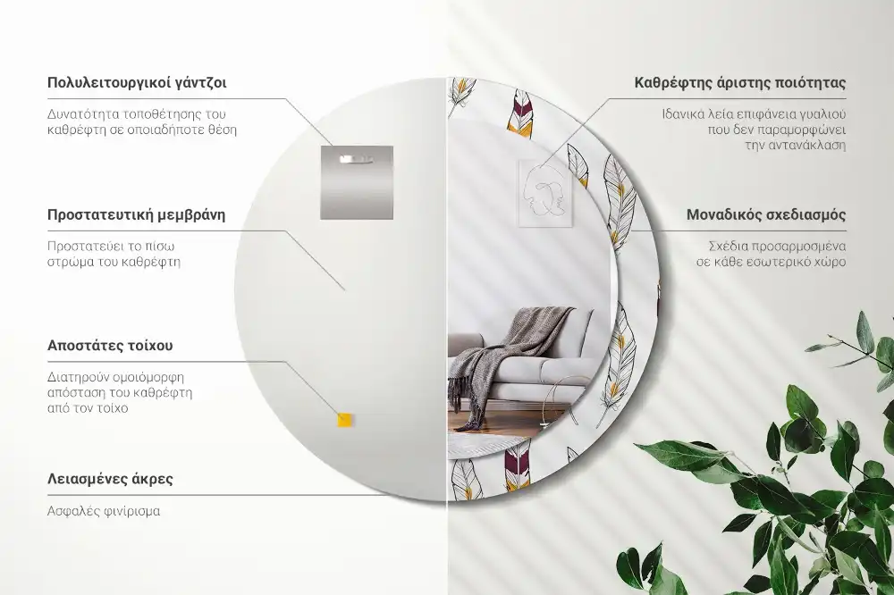 Miroir rond avec décoration plumes