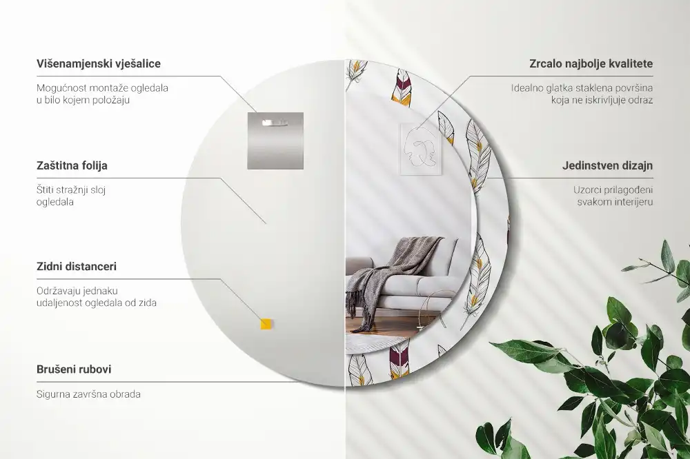 Miroir rond avec décoration plumes