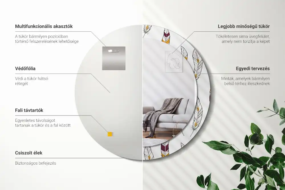 Miroir rond avec décoration plumes
