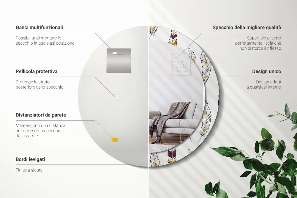 Miroir rond avec décoration plumes