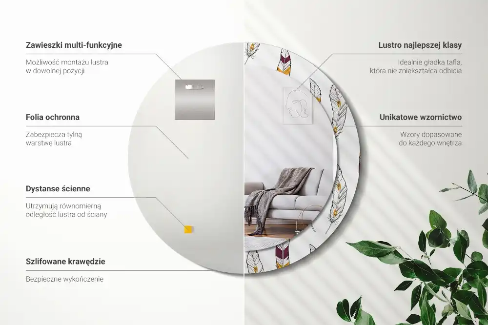Miroir rond avec décoration plumes