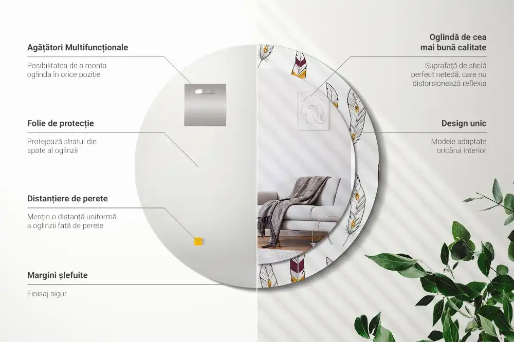 Miroir rond avec décoration plumes
