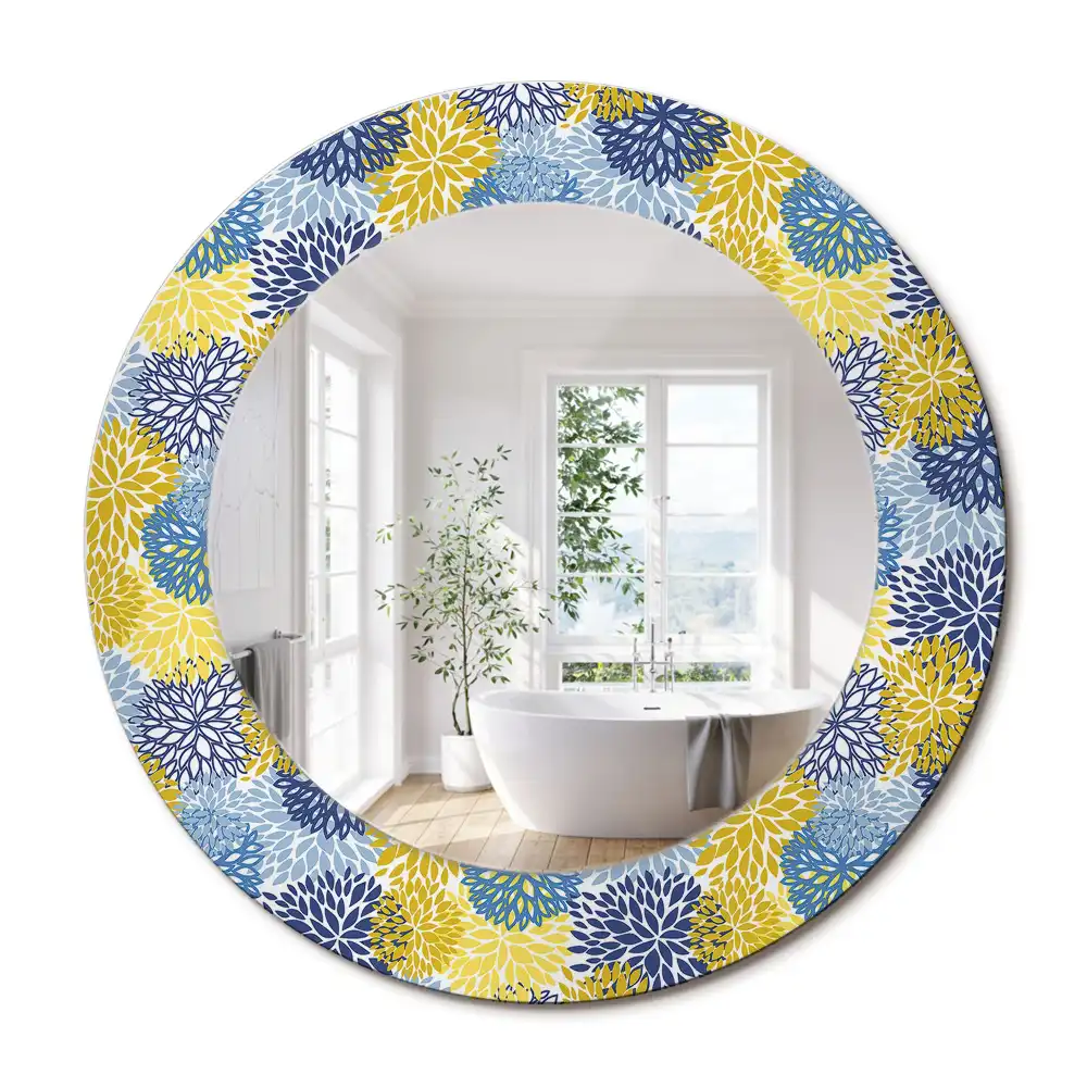 Miroir rond cadre imprimé fleurs bleu clair