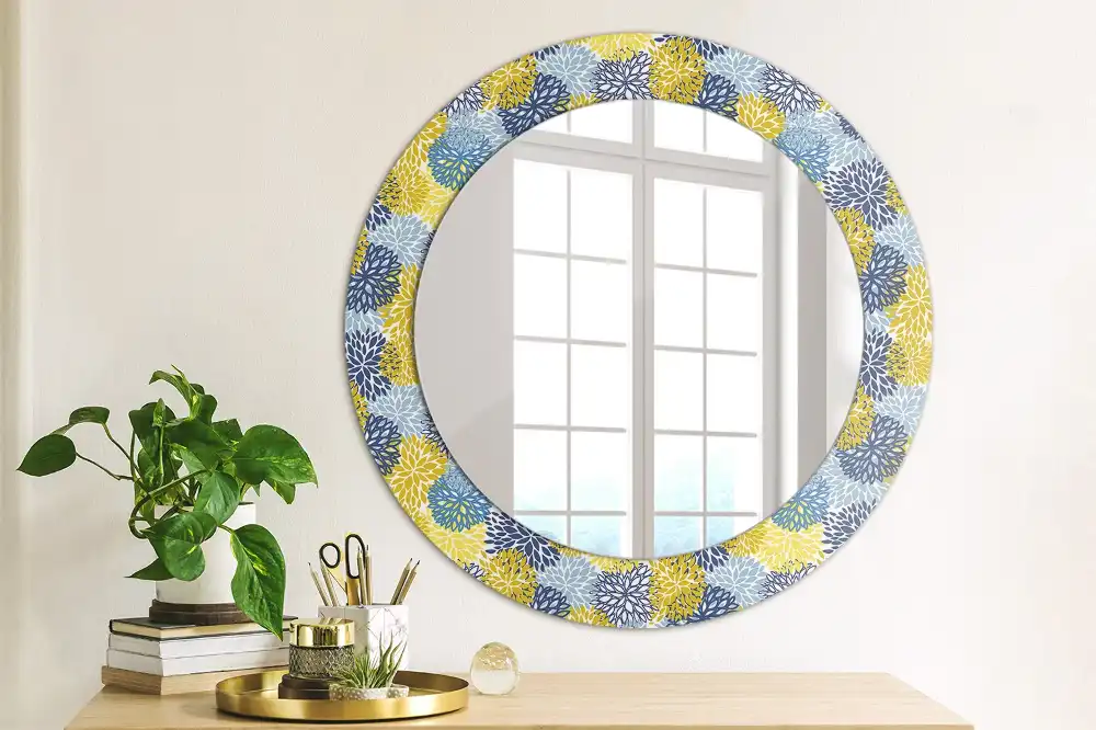 Miroir rond cadre imprimé fleurs bleu clair