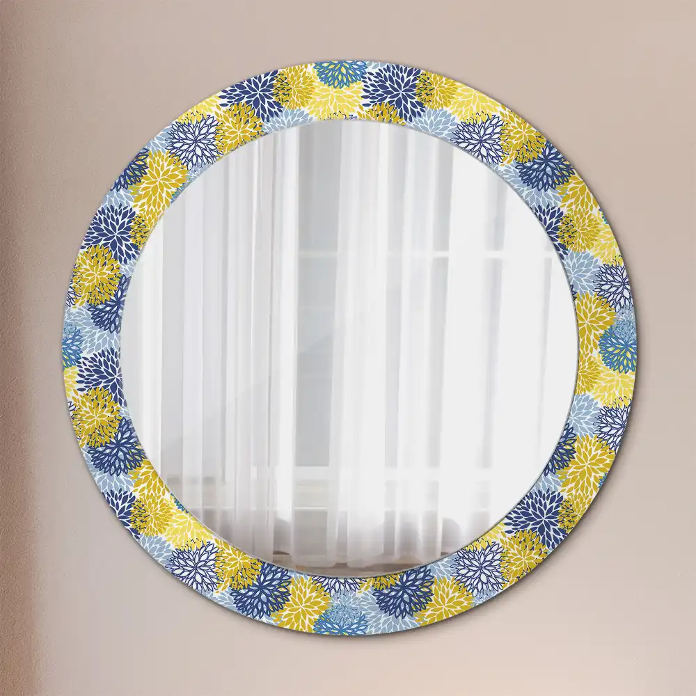 Miroir rond cadre imprimé fleurs bleu clair