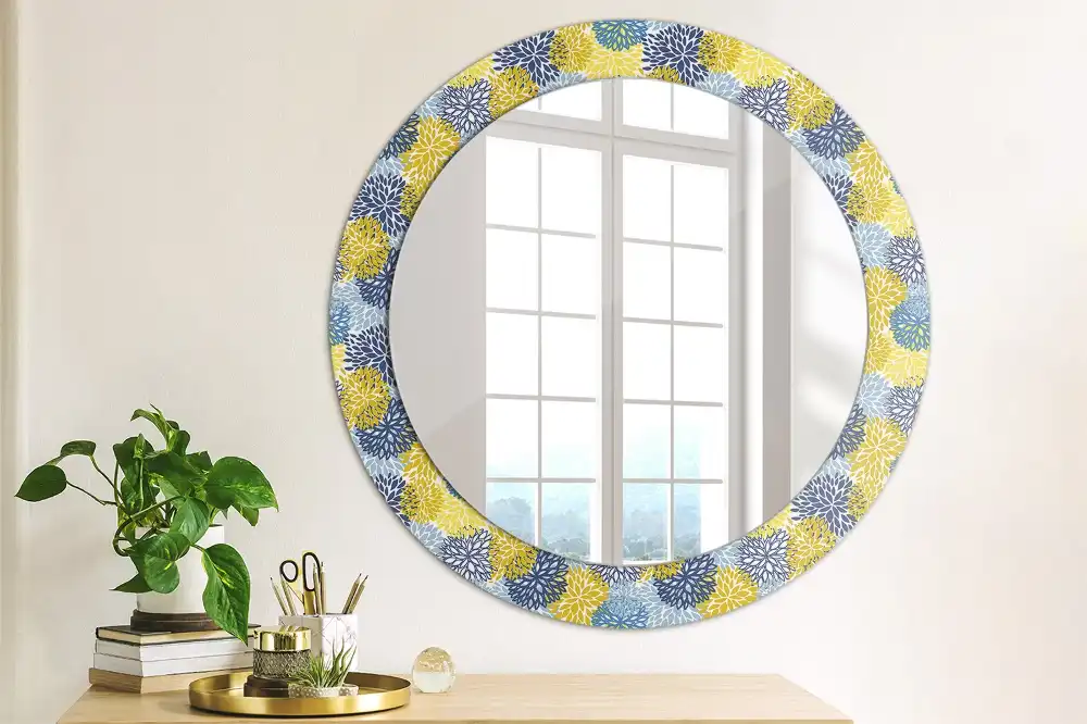 Miroir rond cadre imprimé fleurs bleu clair
