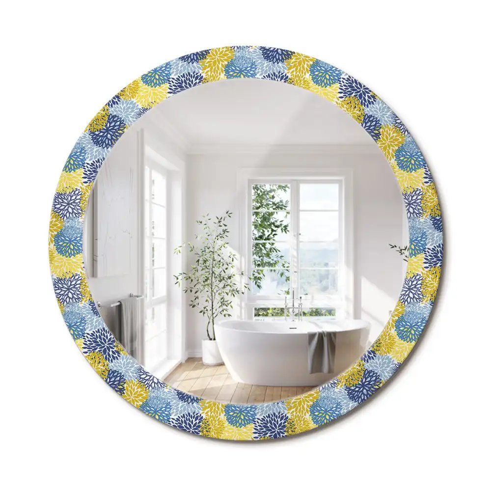 Miroir rond cadre imprimé fleurs bleu clair