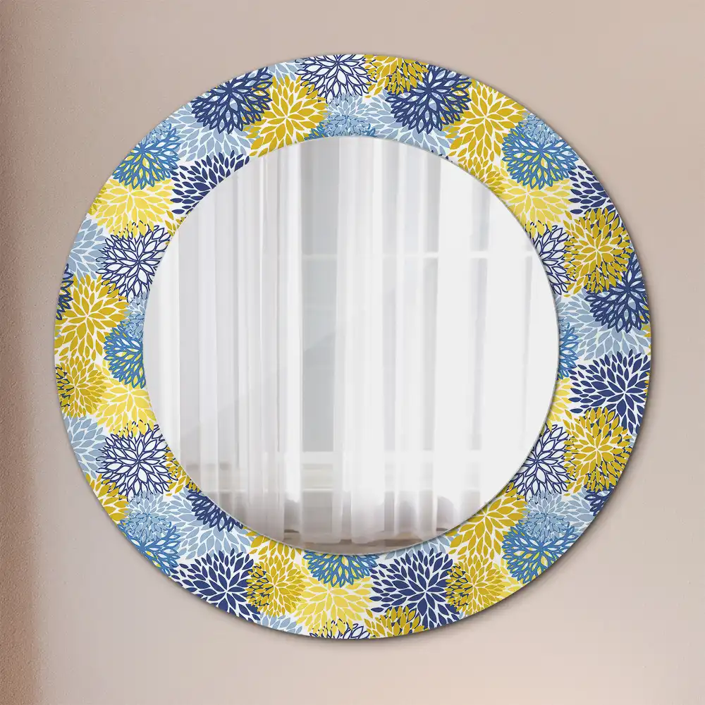Miroir rond cadre imprimé fleurs bleu clair