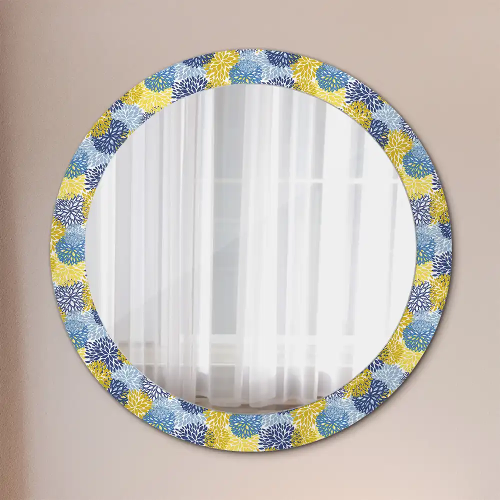 Miroir rond cadre imprimé fleurs bleu clair
