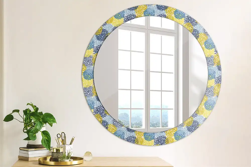 Miroir rond cadre imprimé fleurs bleu clair