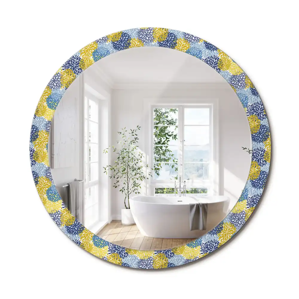 Miroir rond cadre imprimé fleurs bleu clair