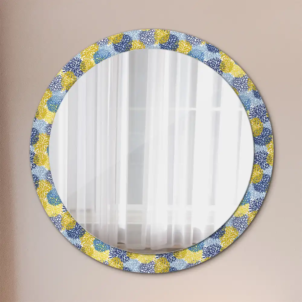 Miroir rond cadre imprimé fleurs bleu clair
