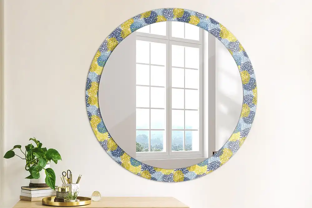 Miroir rond cadre imprimé fleurs bleu clair