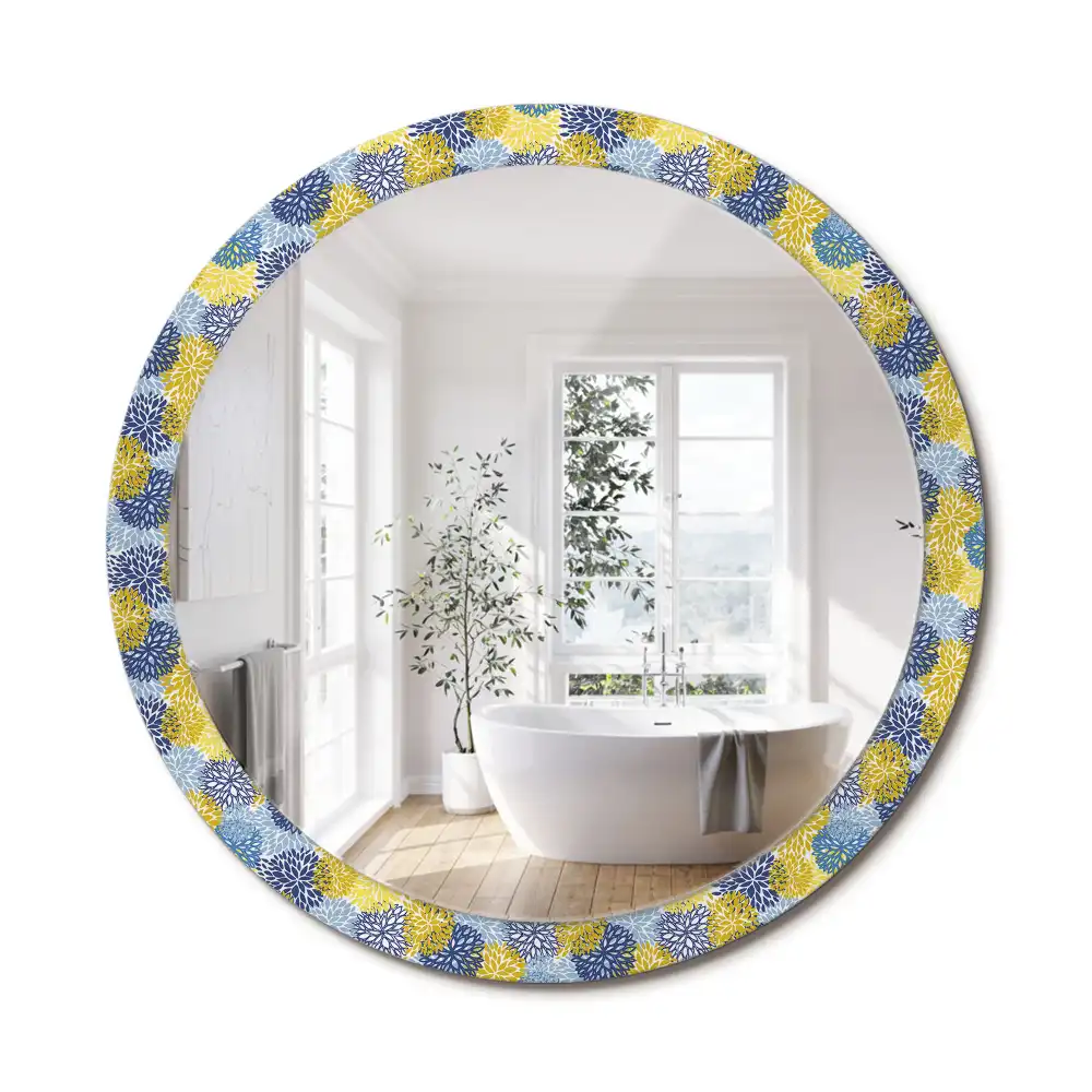 Miroir rond cadre imprimé fleurs bleu clair