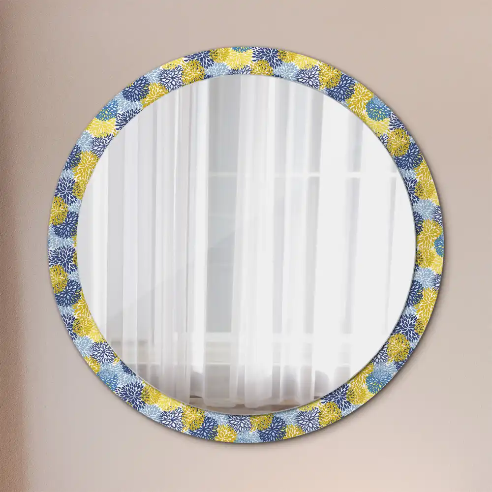 Miroir rond cadre imprimé fleurs bleu clair