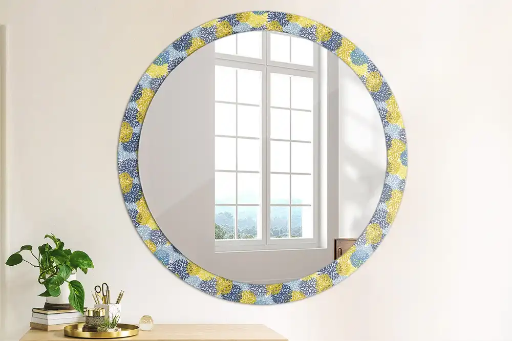 Miroir rond cadre imprimé fleurs bleu clair
