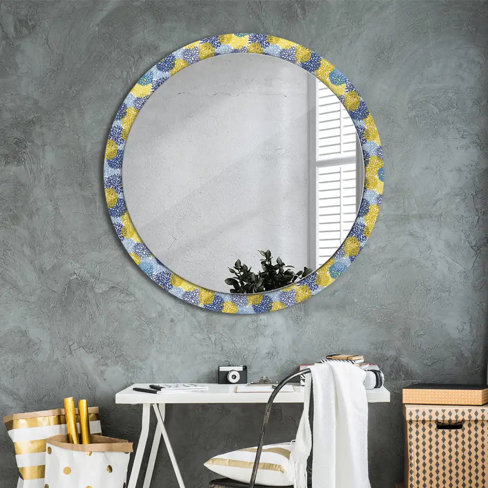 Miroir rond cadre imprimé fleurs bleu clair
