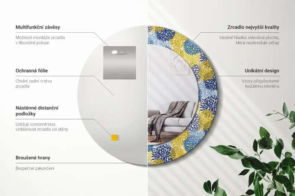 Miroir rond cadre imprimé fleurs bleu clair