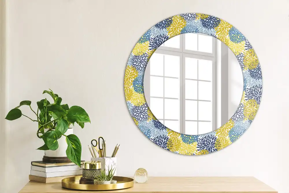 Miroir rond cadre imprimé fleurs bleu clair