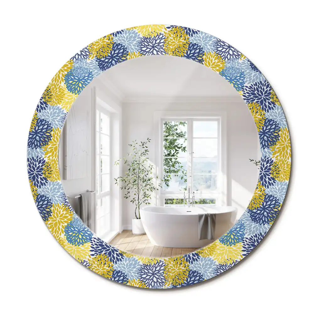 Miroir rond cadre imprimé fleurs bleu clair