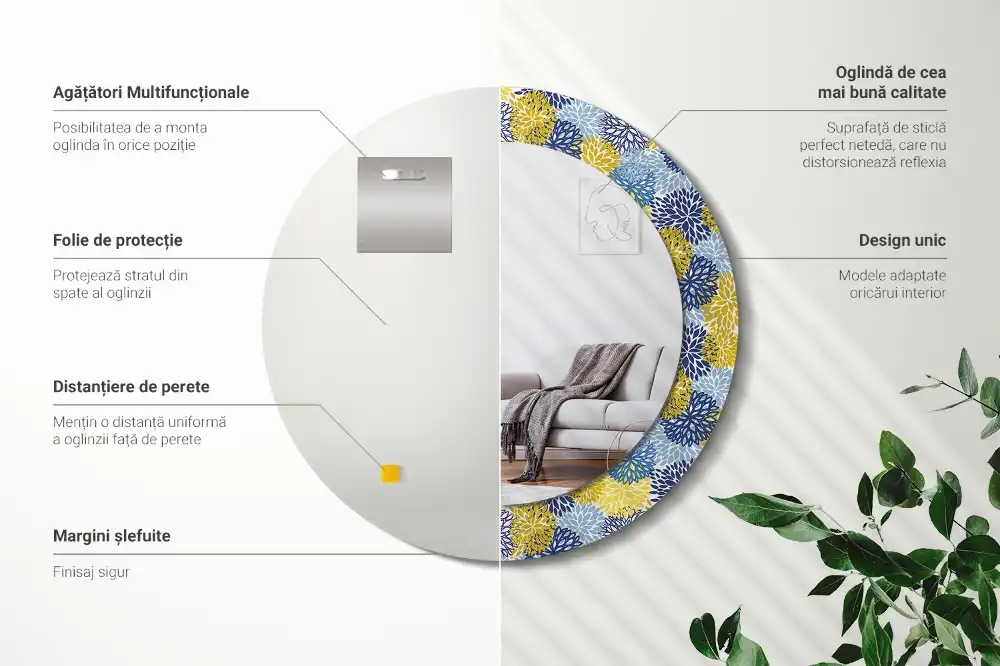 Miroir rond cadre imprimé fleurs bleu clair