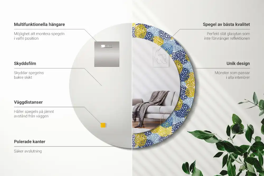 Miroir rond cadre imprimé fleurs bleu clair