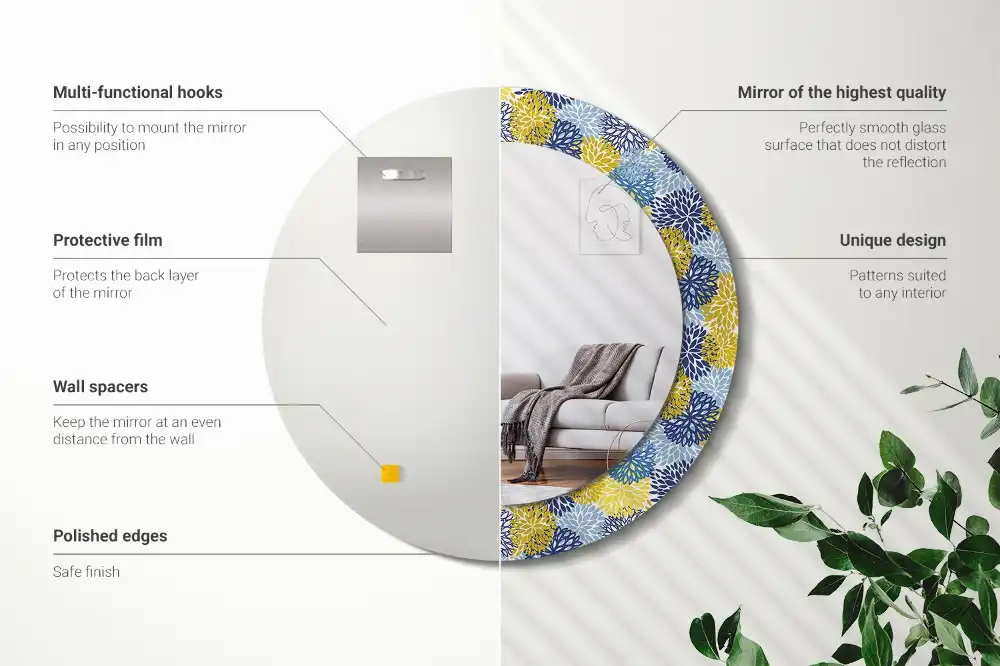 Miroir rond cadre imprimé fleurs bleu clair
