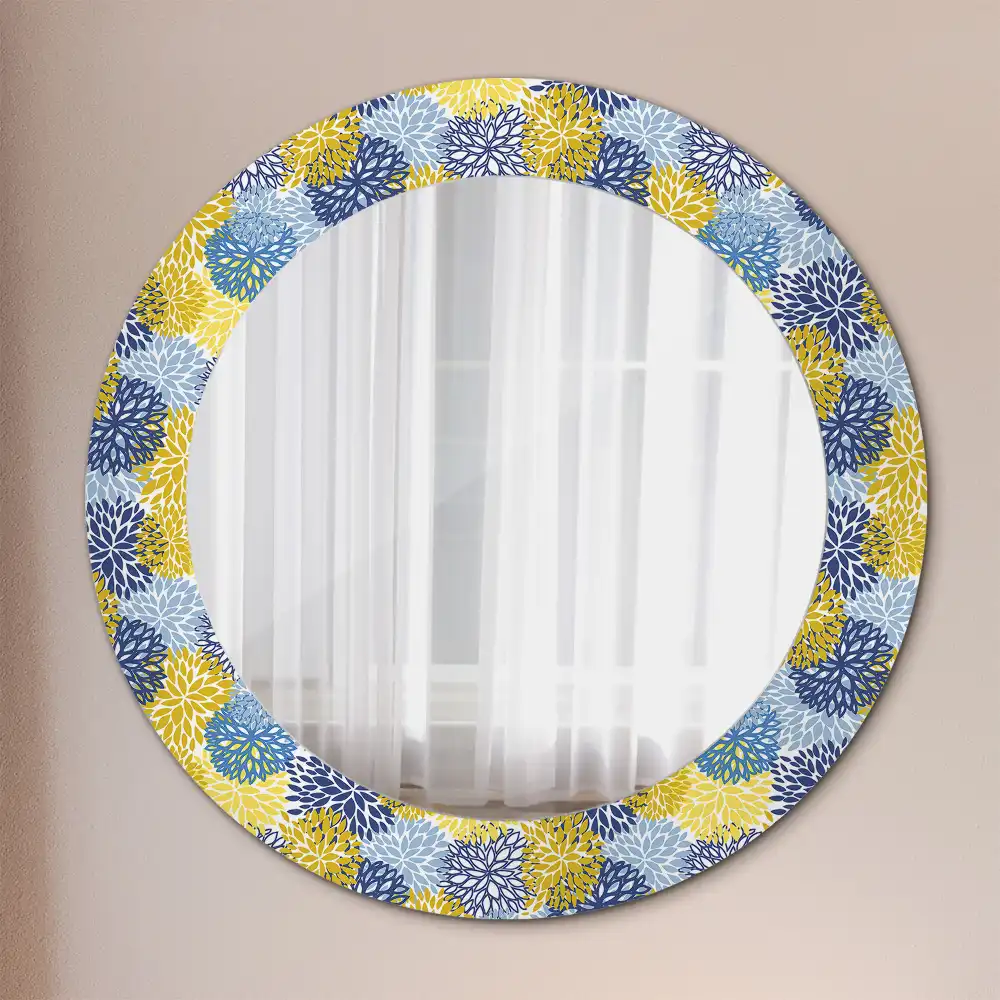Miroir rond cadre imprimé fleurs bleu clair