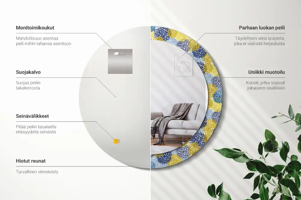 Miroir rond cadre imprimé fleurs bleu clair