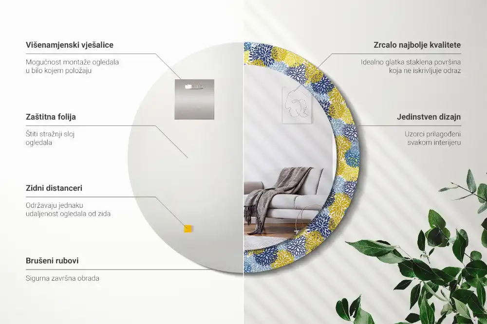 Miroir rond cadre imprimé fleurs bleu clair