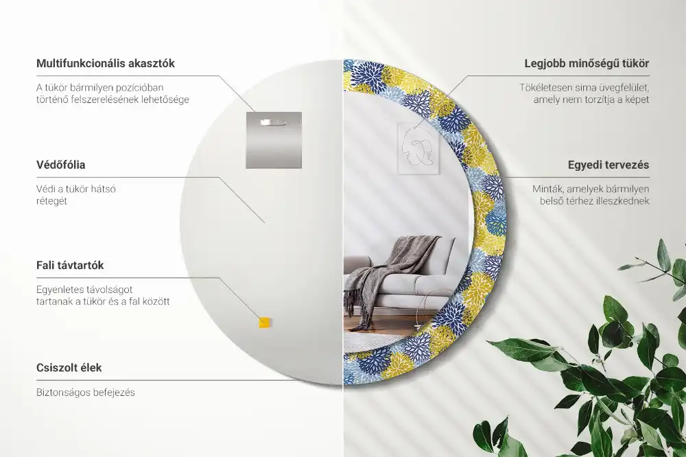Miroir rond cadre imprimé fleurs bleu clair
