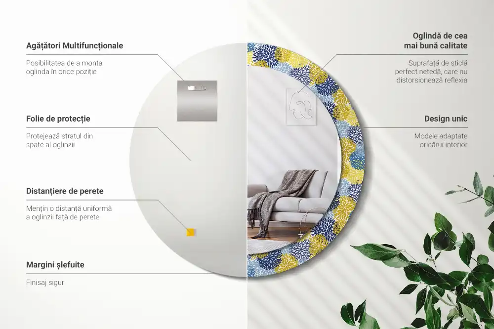 Miroir rond cadre imprimé fleurs bleu clair
