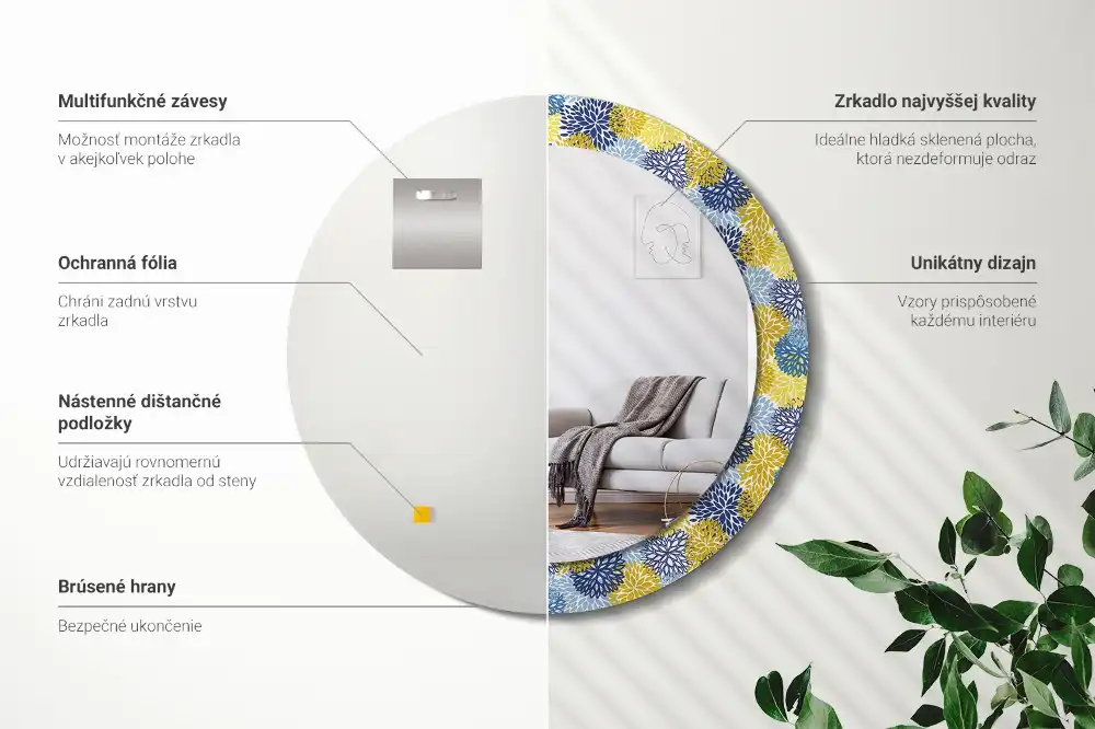Miroir rond cadre imprimé fleurs bleu clair