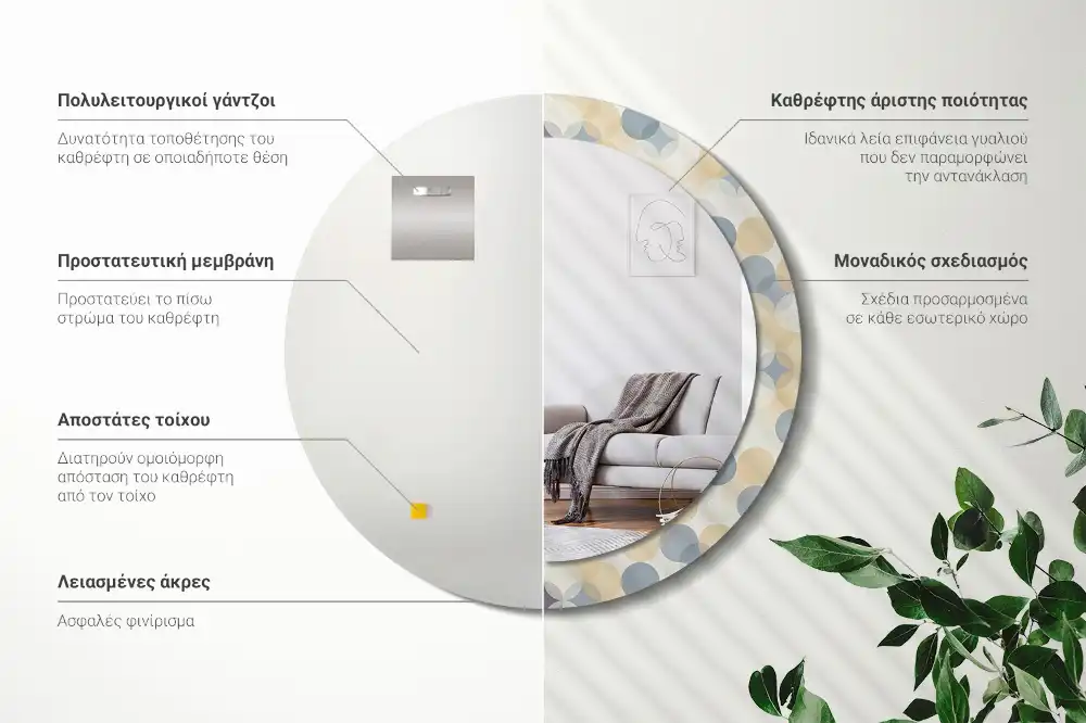 Miroir rond cadre avec impression cercles géométriques
