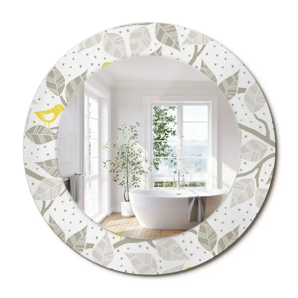 Miroir rond avec décoration oiseaux jaunes sur des branches