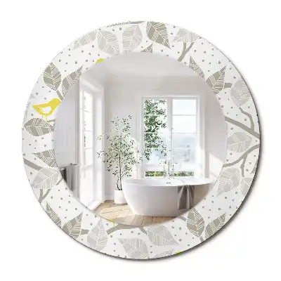 Miroir rond avec décoration oiseaux jaunes sur des branches