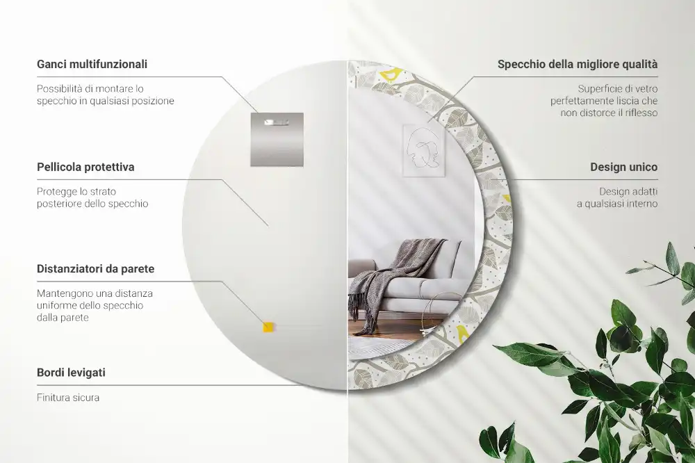 Miroir rond avec décoration oiseaux jaunes sur des branches