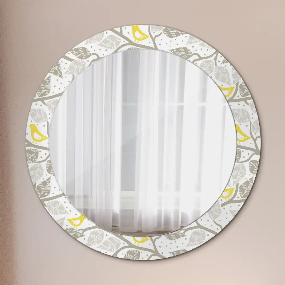 Miroir rond avec décoration oiseaux jaunes sur des branches
