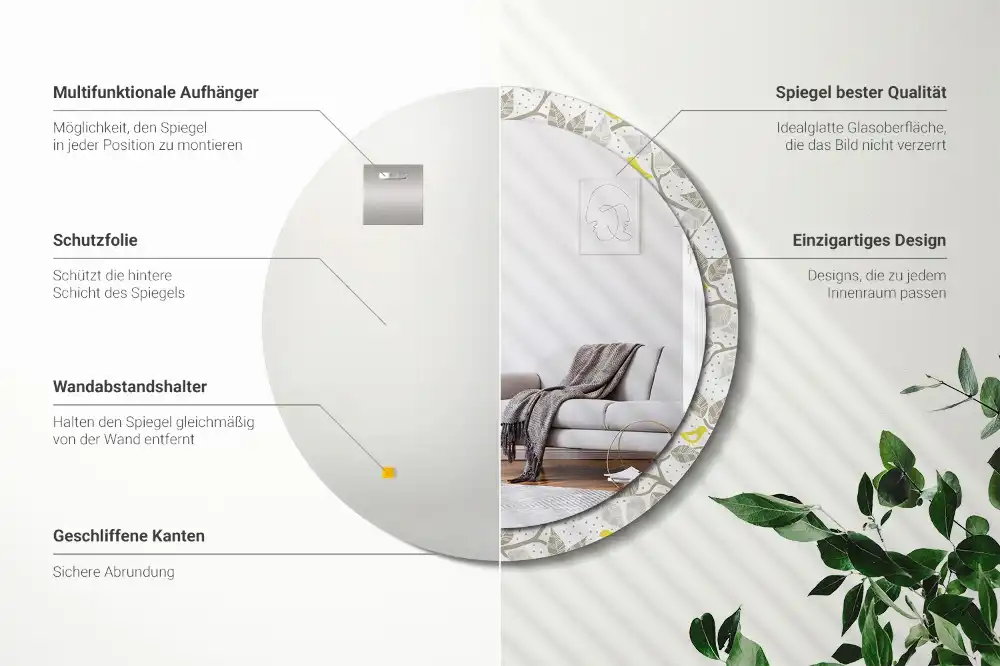 Miroir rond avec décoration oiseaux jaunes sur des branches