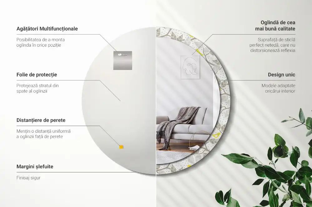 Miroir rond avec décoration oiseaux jaunes sur des branches