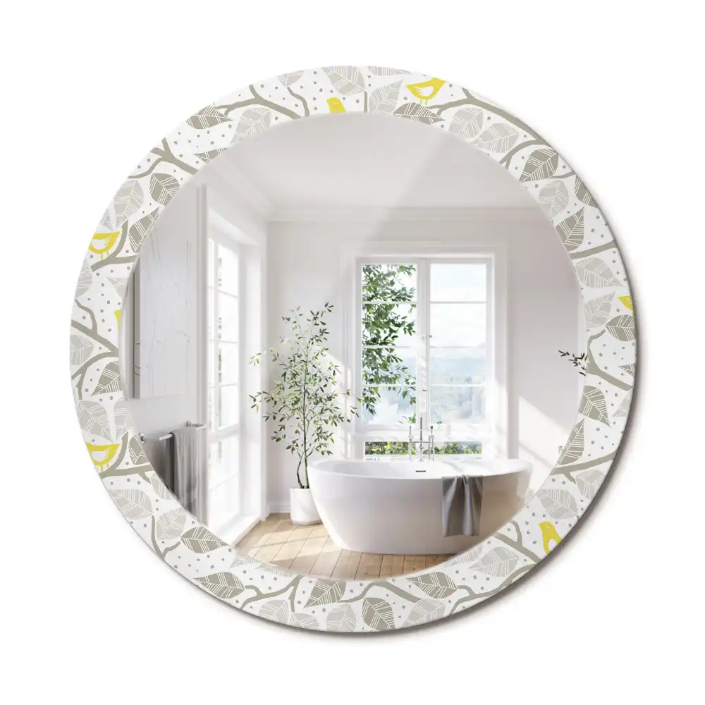 Miroir rond avec décoration oiseaux jaunes sur des branches