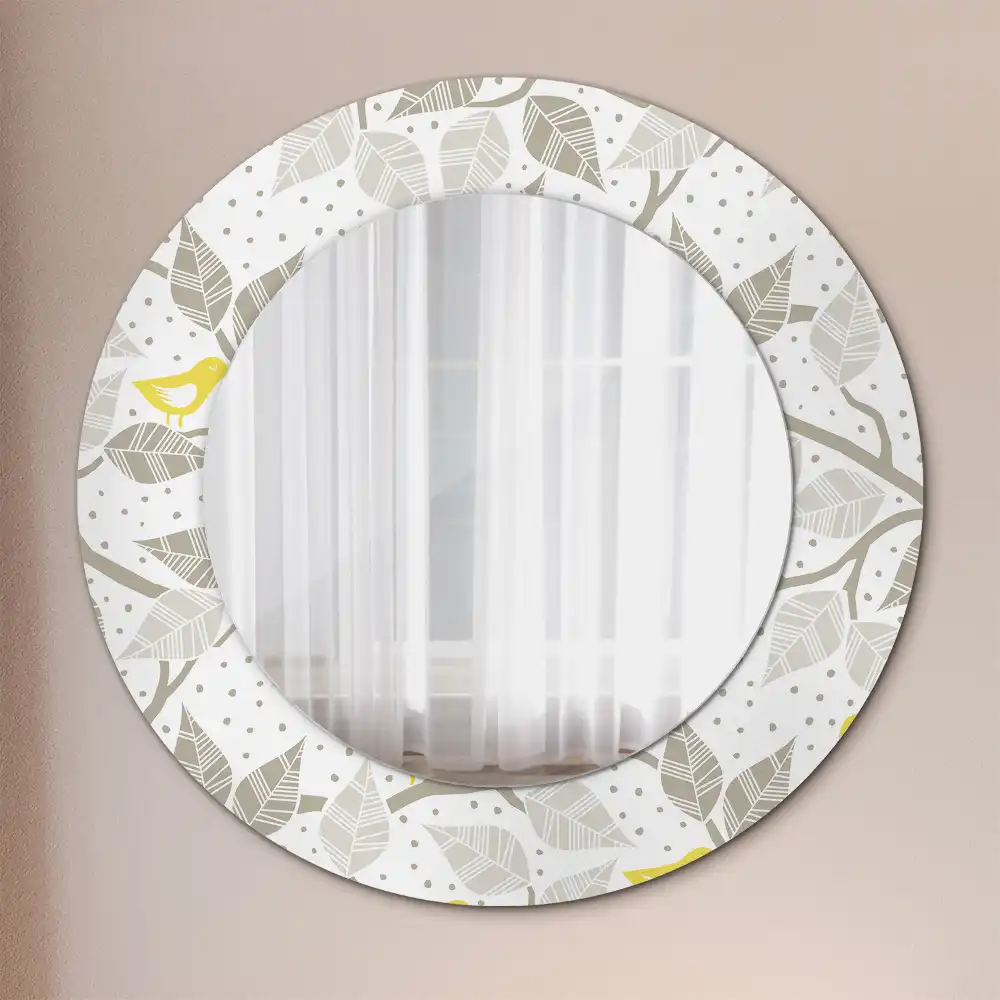 Miroir rond avec décoration oiseaux jaunes sur des branches