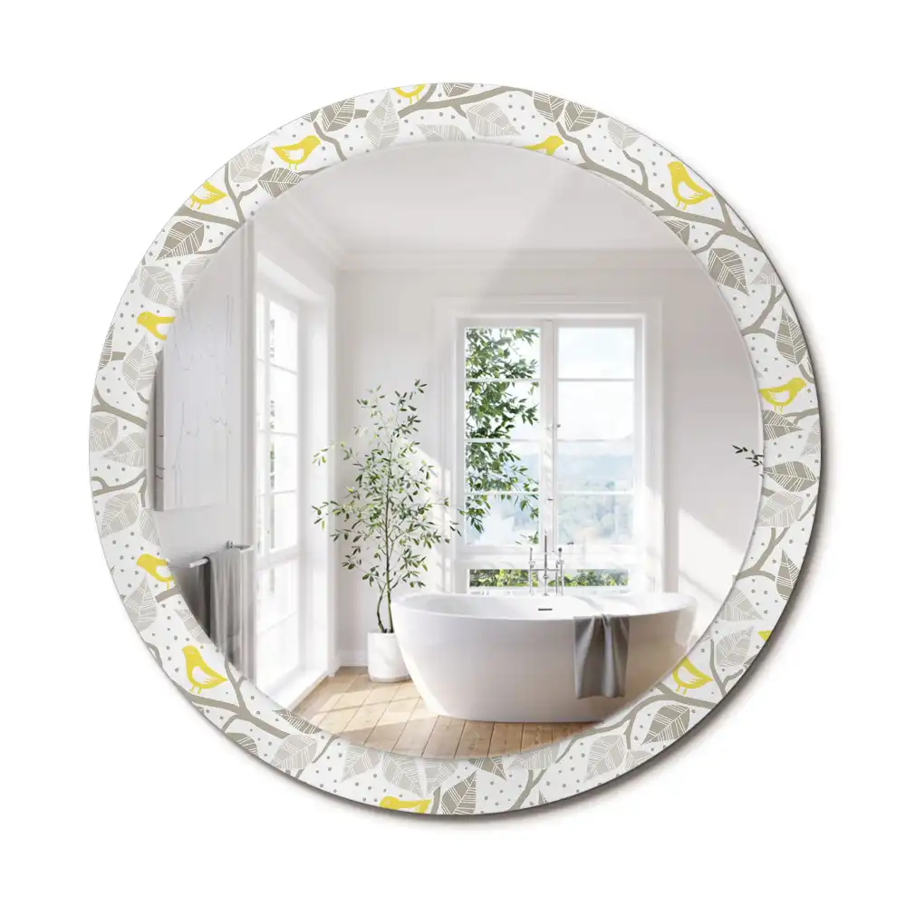 Miroir rond avec décoration oiseaux jaunes sur des branches