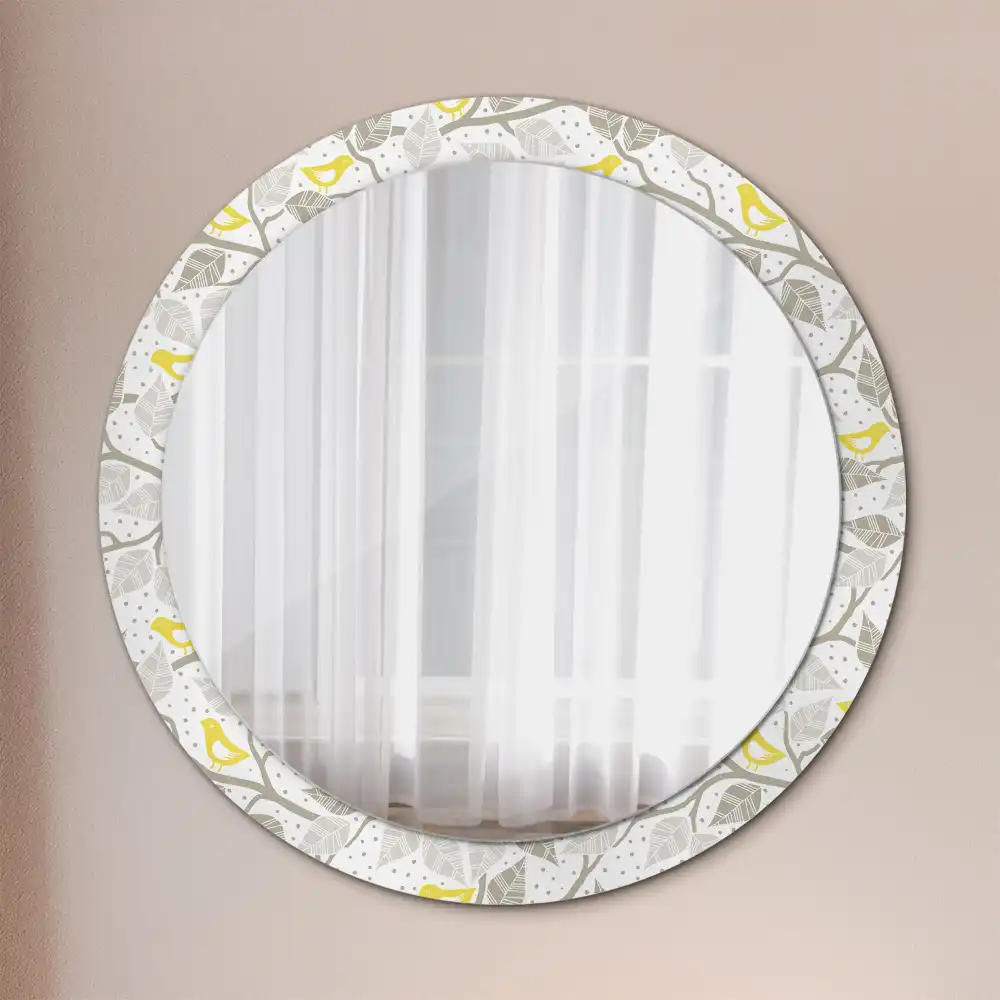 Miroir rond avec décoration oiseaux jaunes sur des branches