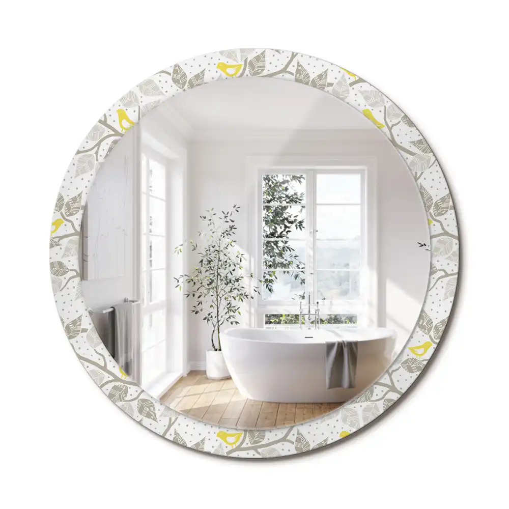 Miroir rond avec décoration oiseaux jaunes sur des branches