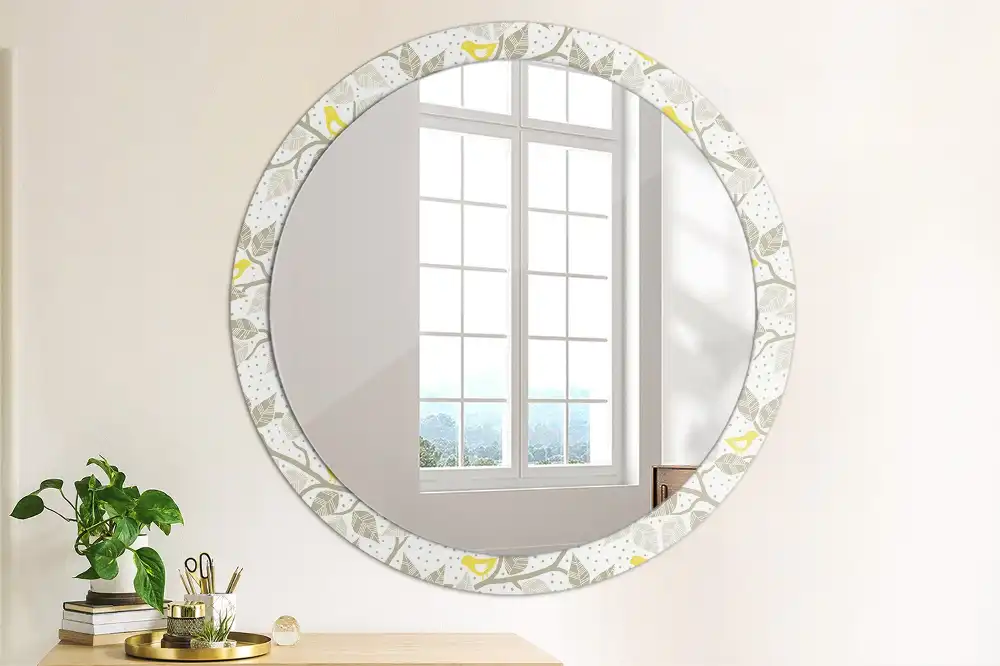 Miroir rond avec décoration oiseaux jaunes sur des branches