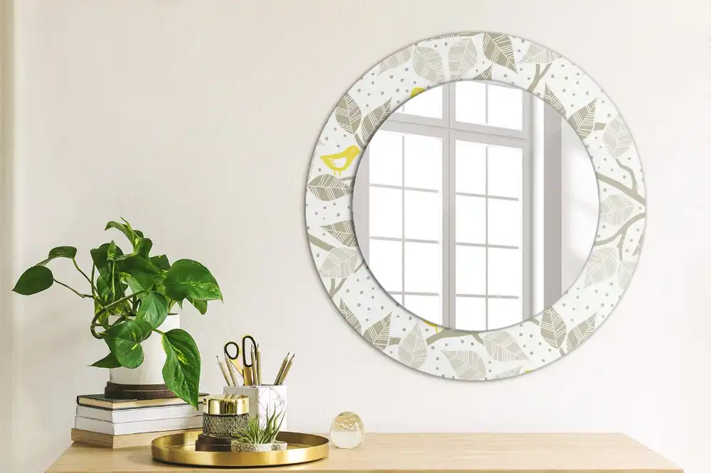 Miroir rond avec décoration oiseaux jaunes sur des branches